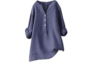 GIERIDUC Women's Cotton Linen Henley Shirts Solid Button Up Long Sleeve Baggy Shirt Casual Loose Blouse Oversiazed Tops 2024