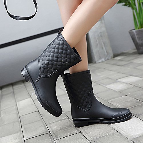 17KM Womens Black Short Anti Slip Rain Boots Mid-Calf Waterproof Rubber Garden Rain Shoes 9 US, Grid Black - Thumbnail 7