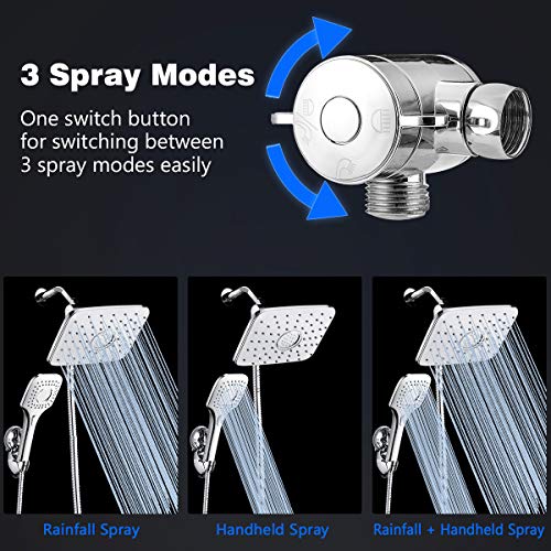 Shower Head Combo, Baban Adjustable High Pressure Rainfall Showerhead & 3 Settings Handheld Shower Head Combo with Strong Suction Cup Holder, 3-Way Water Diverter, 1.5M Hose, Chrome Plated ABS Plastic
