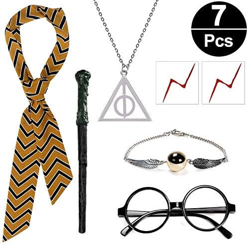 HLBT Magic Harry Wand Set Novelty Glasses Striped Knit Scarf Satin Tie with College Badge