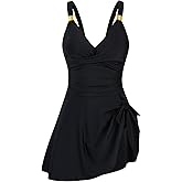 HUSKARY Women Swimsuit One Piece Tummy Control Swimdress Full Coverage Flowy Bathing Suits Gold Metal Tie Knot Swim Dress