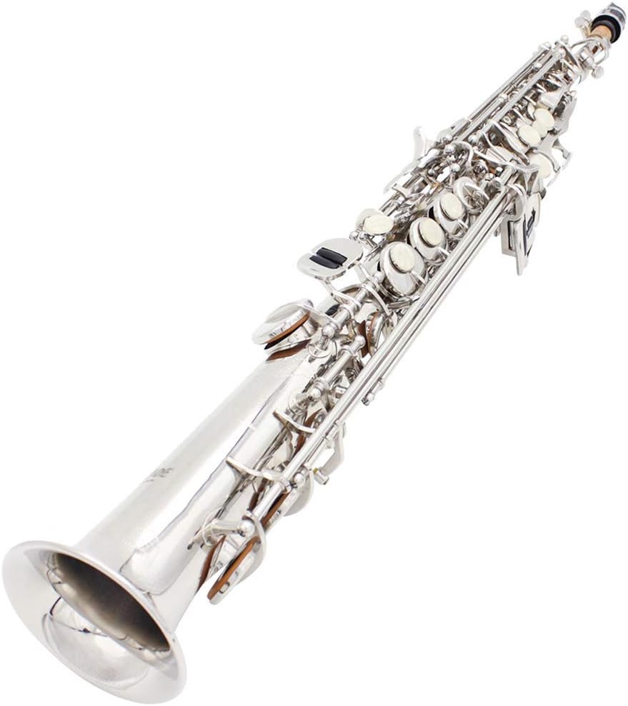 BLKykll Saxophone White Shell Button Brass Paint Silver,Soprano Saxophone B Flat Straight Full Set of Accessories White Gloves, Piano Cloth, Strap, Cork Paste, Mouth Brush, Instruction Manual