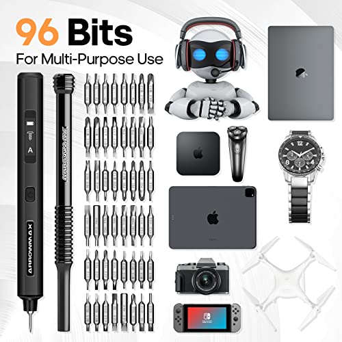 102 in 1 Electric Screwdriver, AM ARROWMAX Cordless Precision Screwdriver Set with 96 Magnetic Bits, Rechargeable Portable Electronic Screwdriver Set for Phone Laptop Camera Watch (PRO PLUS Black)