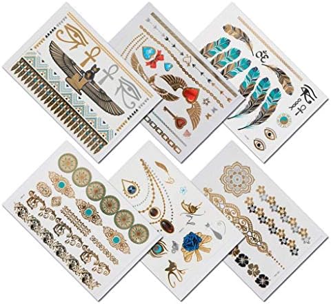TempiTats Cleopatra Flash Tattoo Collection - Temporary Boho Metallic Henna Tattoos (6 Sheets). Trendy Festival Accessories and Great for Bachelorette, Birthday or Costume Parties for Men or Women.