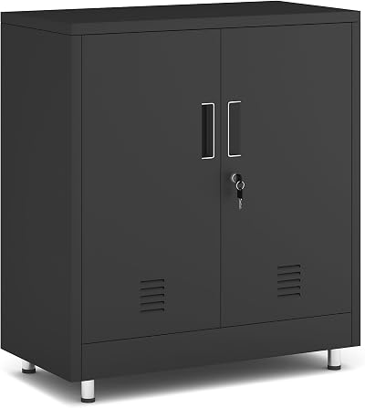 JINGUR Metal Storage Cupboard with Locking Doors and Adjustable Shelf Black