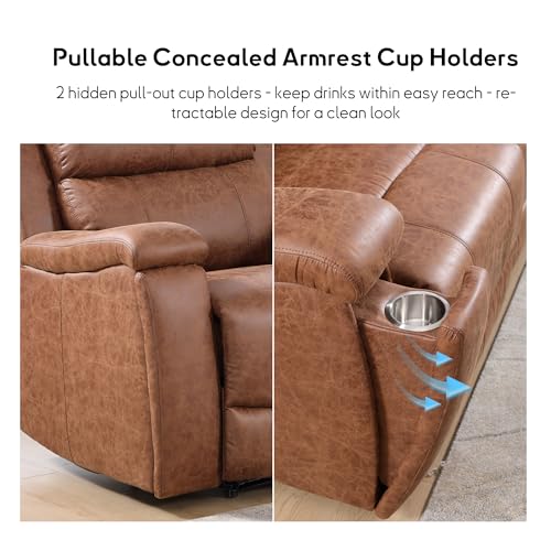 CANMOV Leather 3-Seat Recliner Sofa, Manual Reclining Sofa with Hidden Cup Holders, Padded Headrest & Lumbar Support 3-Seat Couch for Living Room, Home Theater, Brown