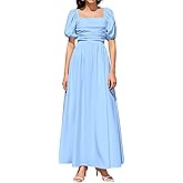 JKMNAO Womens Summer Midi Dress Square Neck Short Puff Sleeve Boho Sundress for Women A Line Wedding Guest Dresses