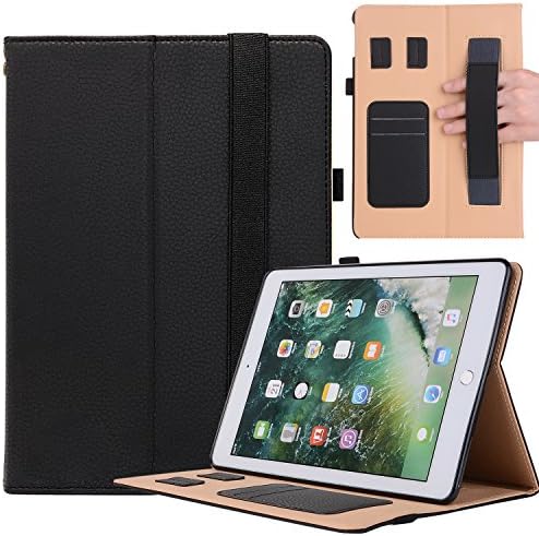 Wonzir iPad Case for New iPad 9.7（2017 2018）/ iPad Pro 9.7/ Air 1 2, Premium Leather Protective Case Smart Auto Wake/Sleep Folio Cover with Multi Angle Stand Hand Strap Card Slot Pencil Holder (Black)