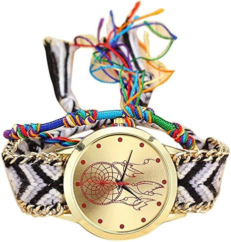 VANSVAR Native Handmade Ladies Watches,SINMA Vintage Chic Exquisite Wristwatch Analog Quartz Round Watch Dreamcatcher Friendship Bracelet (C)