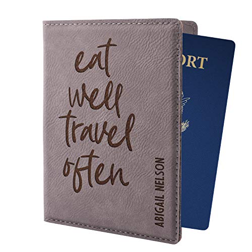 Personalized Passport Holder w Name and Quote - Custom Engraved Leather Passport Cover for Women and Men - Christmas Gifts for Travelers, Christmas, Honeymoon, Travel Gifts | Eat Well Travel Often - Thumbnail 4