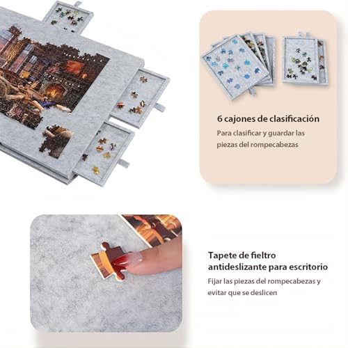 TTMXI Tablero para Rompecabezas 1500 Piezas, Mesa Plegable con 6 Cajones Organizadores, Puzzle Board Inclinable, Base Porta Rompecabezas 77x53.6 cm