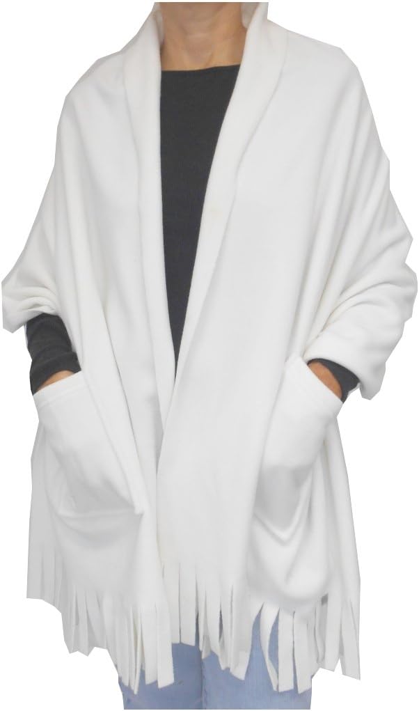 Polar Fleece Fringed Shawl/Wrap/Shoulder Cozy with Pockets. 78" x 27"