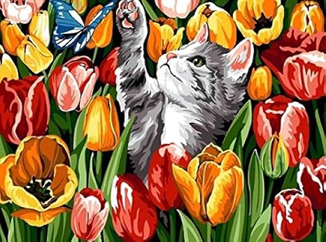 Amazon Co Jp A3サイズ チューリップ畑の蝶と遊ぶ猫 ダイヤモンドアート 全面貼り付けタイプ 四角型 スクエア 1 95 モザイクアート 手芸キット ホーム キッチン