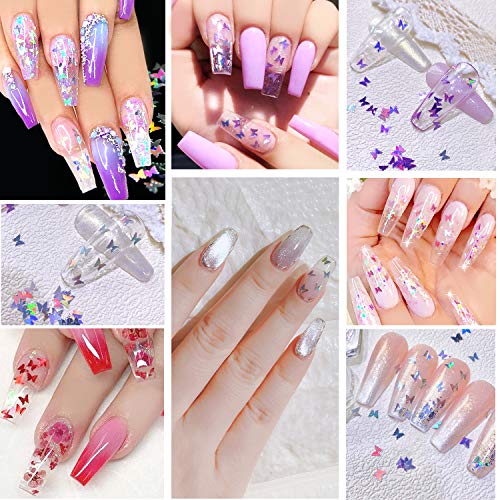 MAQUITA 24 Boxes 3D Butterfly Nail Art Glitter Sequins, Sparkle Laser Mermaid Butterfly Nail Sequin Acrylic Paillettes for Nail Art Decoration