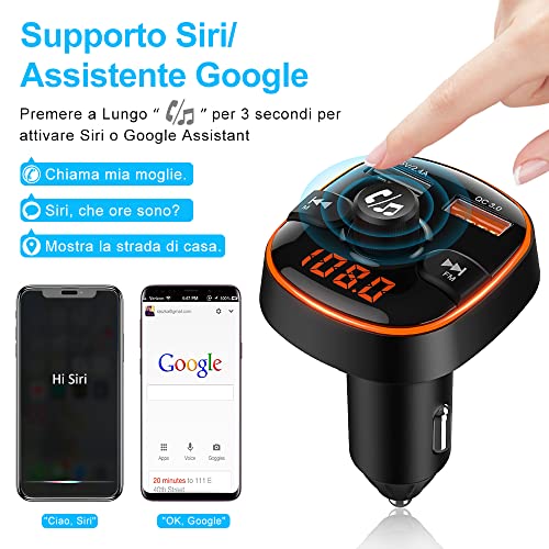 Goigrn Bluetooth per Auto, 7 Colori Controluce Trasmettitore Bluetooth per Auto con Ricarica QC3.0 e Porta USB 5V 2,4A, Kit Vivavoce per Auto, Trasmettitore Bluetooth Supporto U Disk/TF Card