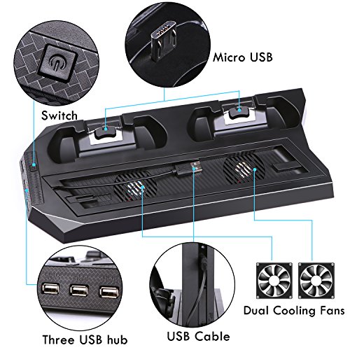 CPPSLEE PS4 Vertical Stand Cooling Fan with Dual Controller Charger Charging Station + 3 HUB Ports, Multifunctional PlayStation 4 Access