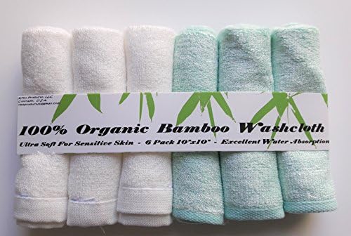 100% Organic Natural Bamboo Face Cloths - 6-Pack of 10"x10" Ultra Soft and Absorbent for Baby's Sensitive Skin, Hypoallergenic, Great Baby Shower Gift (Green/White)