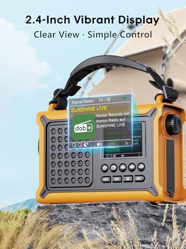 ROCAM DAB+/FM Radio with Bluetooth, 12000 mAh Crank Radio with 8500 mm² Solar Panel & 650 mA Crank, Portable Solar Digital Radio with 2.4 Inch Colour Display, 80 Transmitters, SOS, LED Torch, USB, IPX6 for Outdoor Use