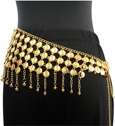 Women's Belly Dance Hip Scarf Indian Dancing Belt Triangle 4 Layer Sequin Waist Chain Skirt Wrap with Bell or Coins Random Hanging (gold)
