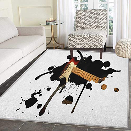 Popstar Party Rugs for Bedroom Electric Guitar Fretboard on Black Grungy Color Splashes Art Circle Rugs for Living Room 4'x6' Black Pale Brown Cream