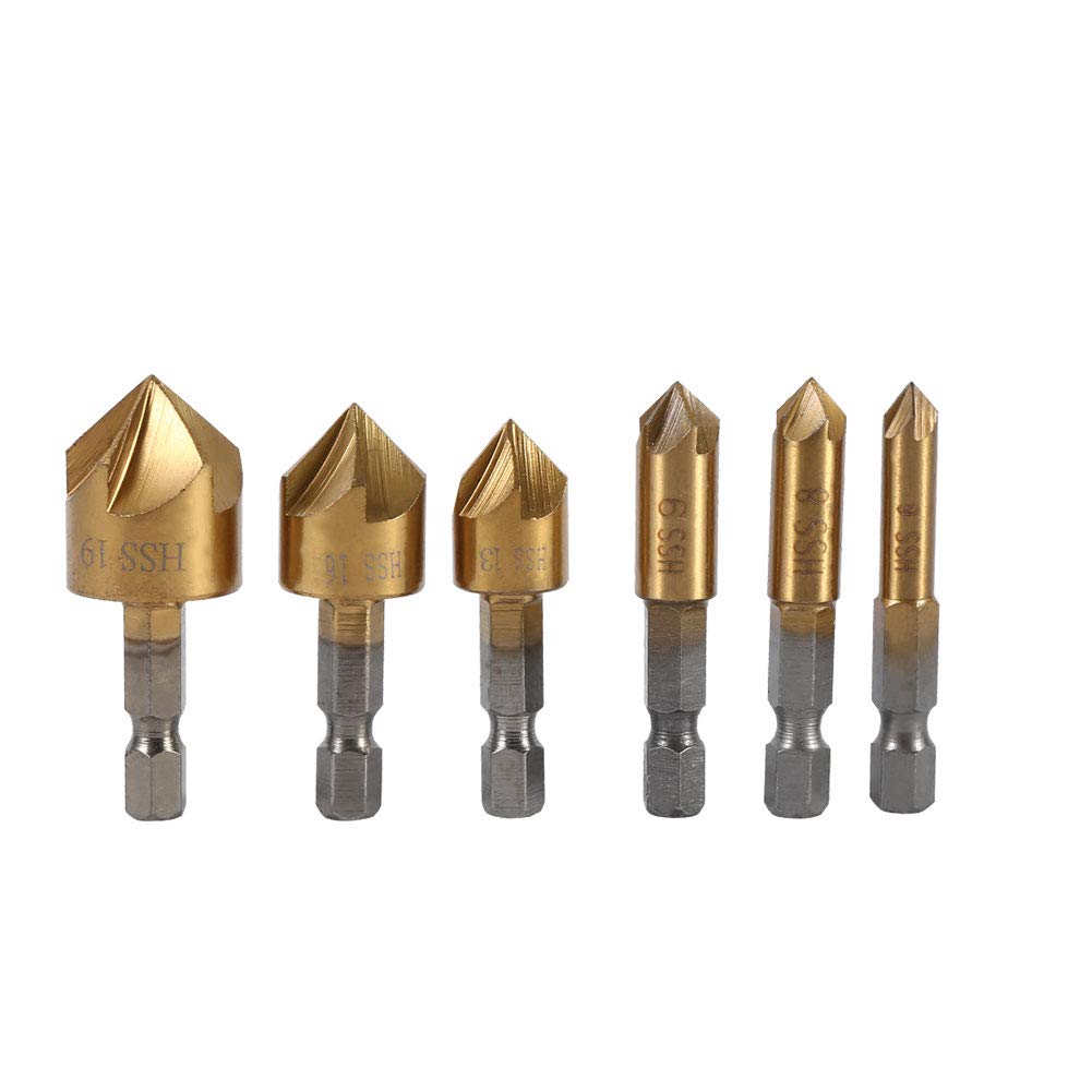 6 Pieces Chamfer Drill Bit, 6 mm - 19 mm Countersink 90 Degree 1/4 "Hex Shank HHS Material for Most Fixed and Hand Drills