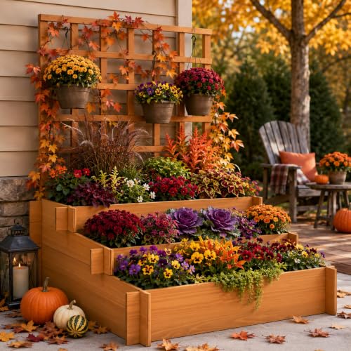 Ultym 43" 3-Tier Fir Wood Raised Garden Bed Planter with Trellis