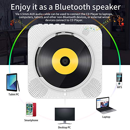 Portable CD/DVD Player with Bluetooth, Wall Mountable CD DVD Player HDMI Built-in HiFi Speakers with Remote for TV, Music Player Support FM Radio USB SD Card AV Jack 3.5mm Headphone Jack - Thumbnail 5