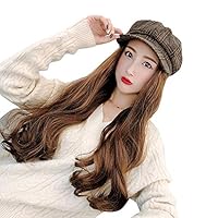 CXYP Synthetic Long Wave Berets Cap with Hair Attached Black Brown Grey Wavy Women Wig Hats with Hair Wavy Extensions (coffee grid, brown hair)