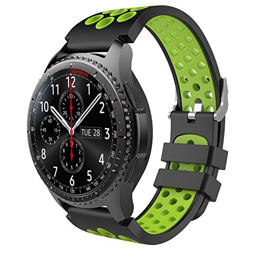 TiMOVO Gear S3 Watch Strap, Perforated Two Colors Silicone Replacement Band Compatible with Samsung Gear S3 Frontier, S3 Classic, Garmin Vivomove, Moto 360 2nd Gen 46mm Smart Watch, Black & Green