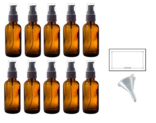 2 oz Amber Glass Boston Round Treatment Pump Bottle (10 pack) + Funnel and Labels for essential oils, aromatherapy, food grade, bpa free
