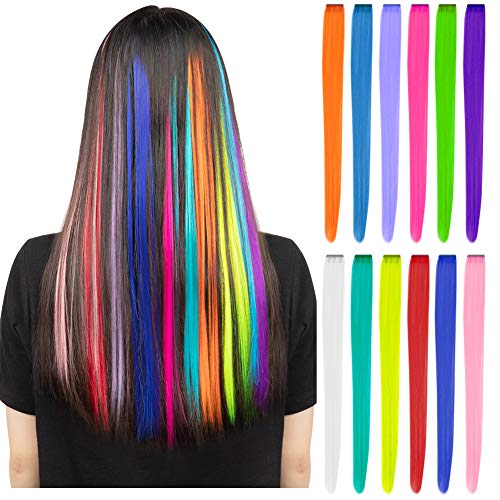 12 piezas de colores destacados para fiestas, pinzas coloridas en extensiones de cabello, 22 pulgadas, postizos sintéticos rectos para mujeres, niños, niñas, arcoíris