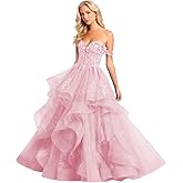 Off Shoulder Glitter Tulle Prom Dresses Ruffle Tiered Long Ball Gown Sweetheart Laces Appliques Princess Dress