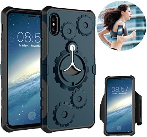 iPhone X Heavy Duty Case, iPhone 10 Case Sports Armband Built-in Kickstand Ring Holder for iPhone X Shockproof Full Protection, Open Face Touch Screen Control for Running(Deep Blue Case &amp; Armband)