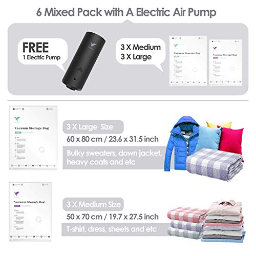 Vacbird Vacuum Storage Bags with Electric Air Pump, 6 Pack (3 x Medium