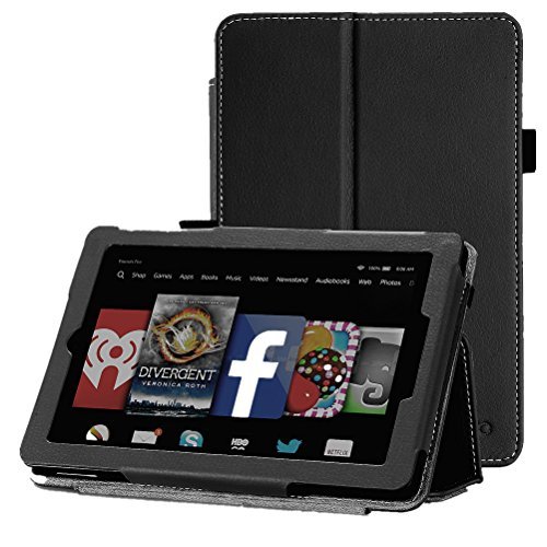 All New Fire HD 7 Case - WAWO Premium PU Leather Folio Case for Amazon Fire HD 7.0 inch 4th Generation (2014) Tablet (With Smart Cover Auto Wake / Sleep) - Black