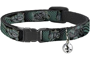Buckle-Down Breakaway Cat Collar - Cheshire Cat 4-Poses Checkers Teal/Black - 1/2" Wide - Fits 8-12" Neck - Medium