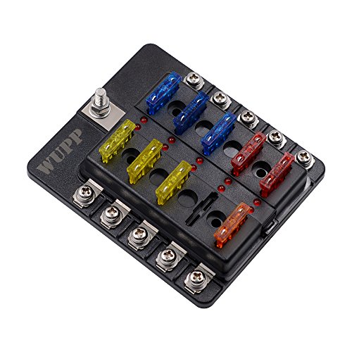 10-Way Fuse Box, 12 Volt Fuse Block with LED Warning Indicator Damp-Proof Cover Automotive Fuse Block for Car Boat Marine RV Truck
