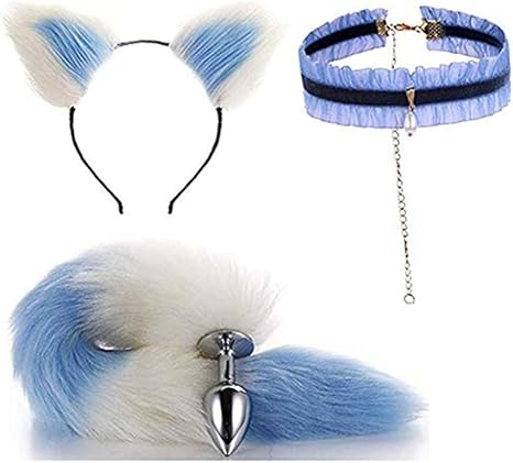 Queue De Renard B Utt P L ǔ G Blanc Bleu Moelleux Serre Tete Oreilles De Chat Tour De Cou Avec Collier Pour Cosplay Halloween 3pcs Ensemble Amazon Fr Hygiasne Et Soins Du Corps