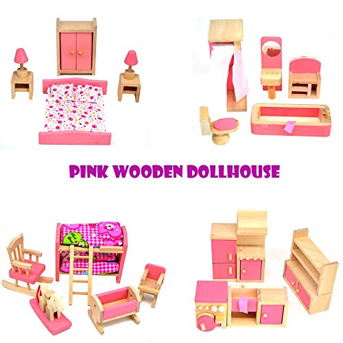 Gbell Wooden Dollhouse Furniture Kitchen Set for Girl's Toys - Sink| Stove | Refrigerator | Washing Machine | Cabinet Mini Pink Doll House Accessories for Kids Girls Pretend Play Toys Gifts (Pink A)
