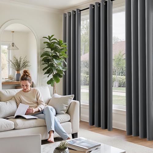 TOPICK Curtains with Eyelets, Window Decoration, Blackout Curtains, 245 x 140 cm, Set of 2 Blackout Curtains, Bedroom Curtains, Opaque, Living Room, Dark Grey