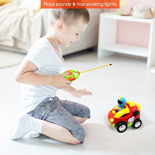 Big Mo's Toys Cartoon RC Race Car - Beginner's Remote Control for Toddlers and Kids with Sounds, Music, Flashing Lights and Removable Driver Action Figure - Easy Steering Wheel Controller - Thumbnail 3