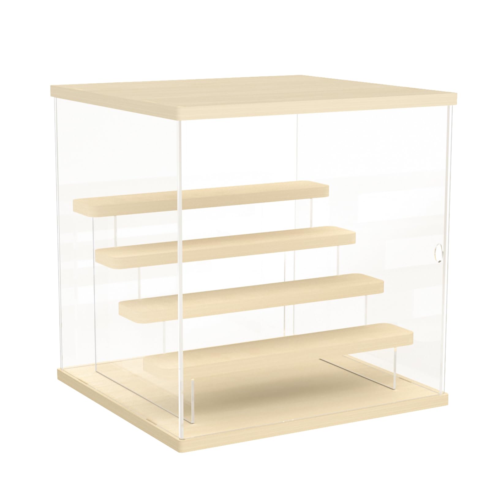 Nynelly 5 Tier Clear Acrylic Display Case for Models, Mini Figures, Pop Mart, Labubu, Sonny Angel, Smiski - Assemble Dustproof Display Box with Door, Display Stand (Wood Top Base Step)