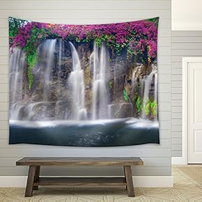 Bouquet Purple Flowers Framing a Big Waterfall - Fabric Tapestry, Home Decor - 51x60 inches