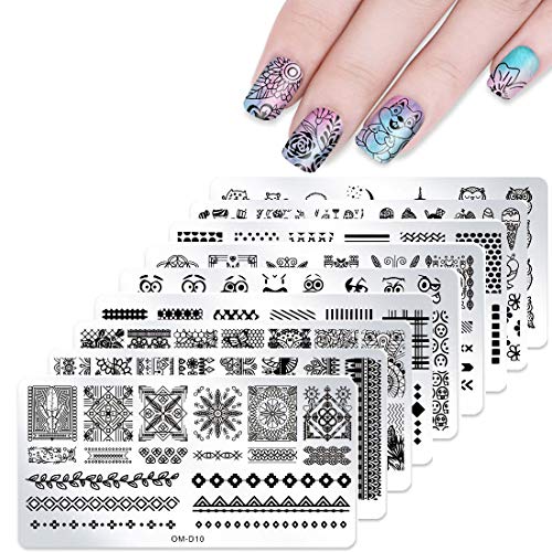 10pcs Nail Stamping Kit Stamping Plates with Stamper and Scraper - DAODER Novel and Vivid Nail Printing Image Cute Animal Lace Flower Geometric Stripe Pattern Nail Plates for Nails (10 Plates)