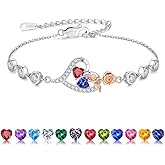 Iefil Rose Heart Bracelets for Women - 925 Sterling Silver Rose Heart Birthstone Bracelets, Anniversary Birthday Gifts for Women Wife Mom Daughter, 6"+2"