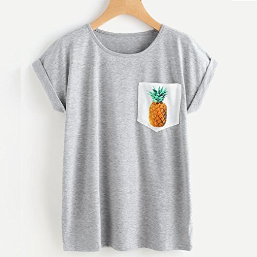 Blouse For Women,Toponly Women's Pineapple Print Pocket T-shirt Short Sleeves Cotton Tops (Fashion Gray, XL)