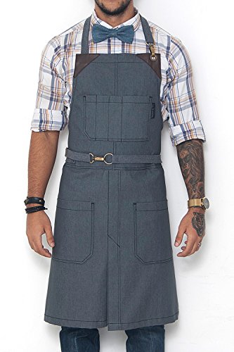 Under NY Sky No-Tie Armor Gray Apron – Durable Twill with Leather Reinforcement, Split-Leg – Adjustable for Men and Women – Pro Barber, Tattoo, Barista, Bartender, Baker, Hair Stylist, Server Apron - Thumbnail 7