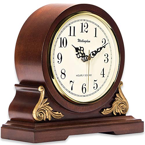 TXL Mantel Clock 8.3" Silent Decorative Wood Desk Clock Battery Operated, Dark Wooden Design for Living Room Office Kitchen Shelf & Home Décor Gift, T10392