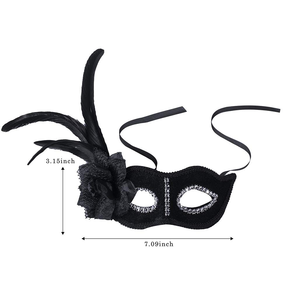 Black Masquerade Mask for Women, Eye Costume Masks - with Shiny Rhinestone Flower Feather (2_Black)