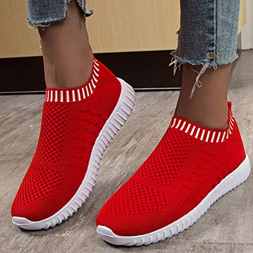 Dermanony Women's Casual Walking Sock Shoes Lightweight Breathable Mesh Work Slip-on- Breathable Yoga Sneakers Red